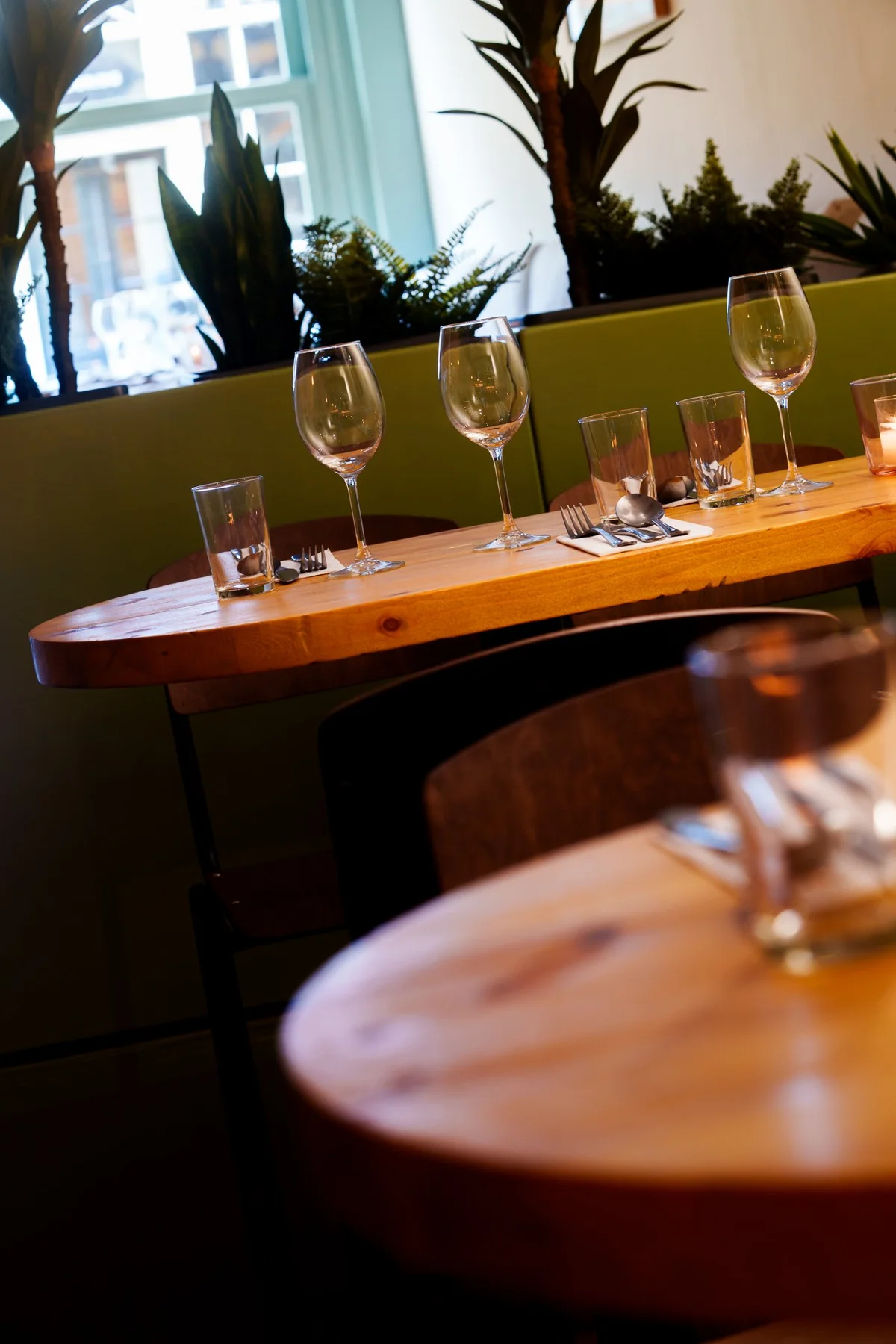 Glasses set on a table at Copal